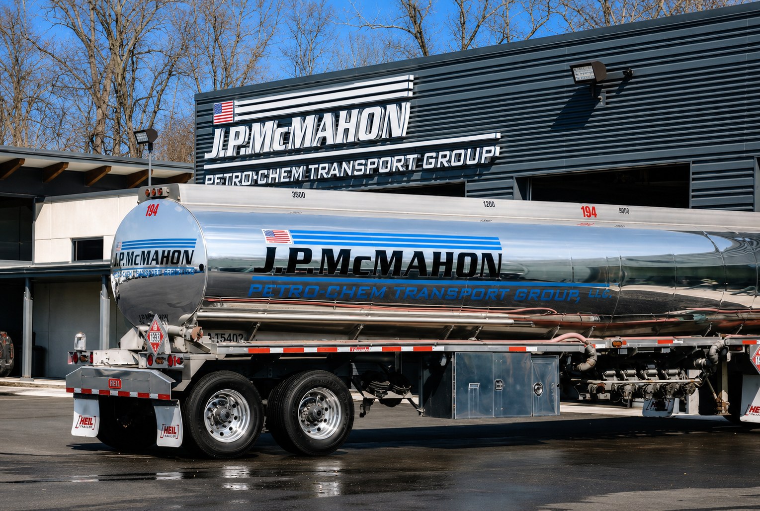 J.P. McMahon Transport Group headquarters in Lockport, IL with a chrome tanker truck parked in front